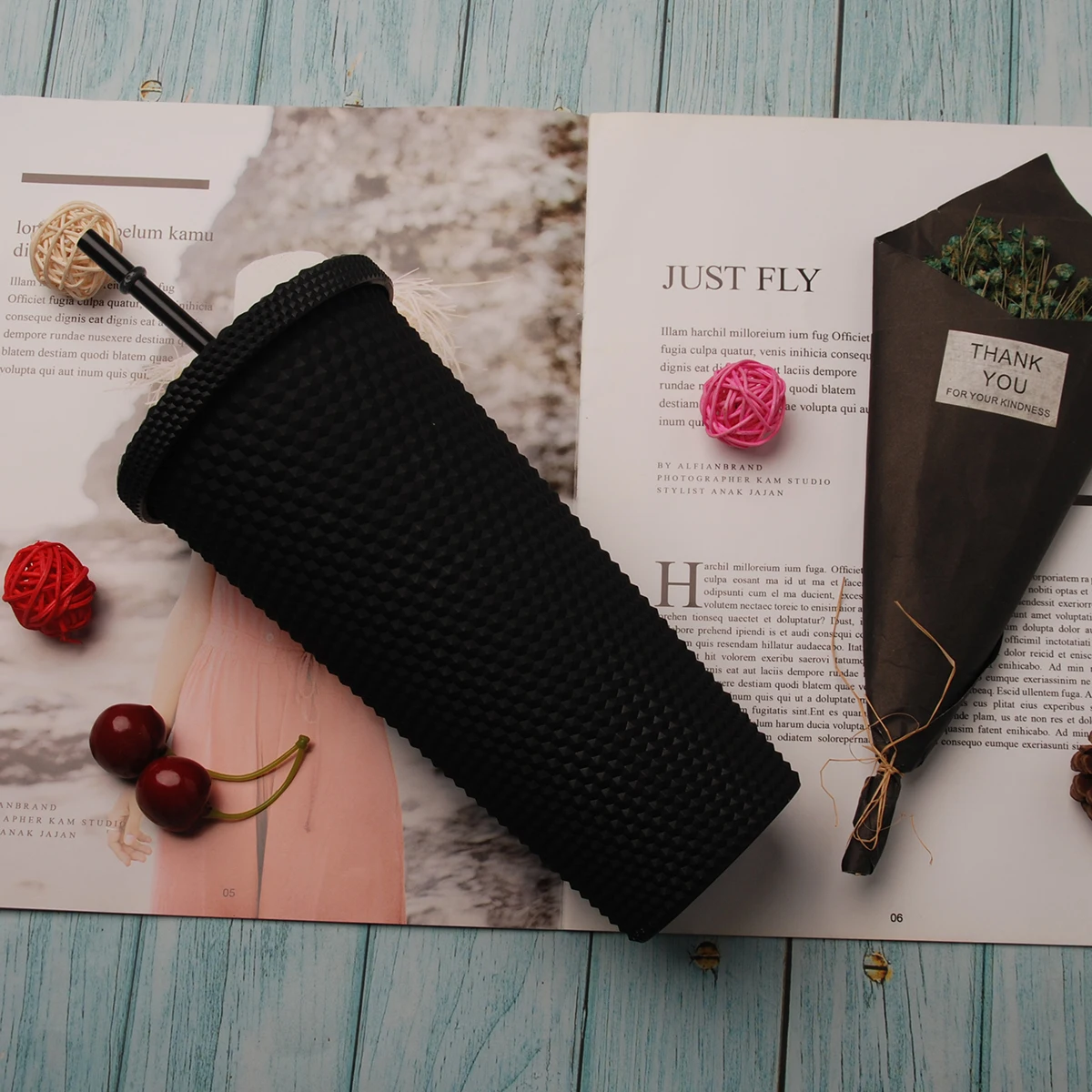  2021 Promotional Holiday Season Cold Studded Cup Matt Black tumbler DOM1131781 24OZ with Straw and