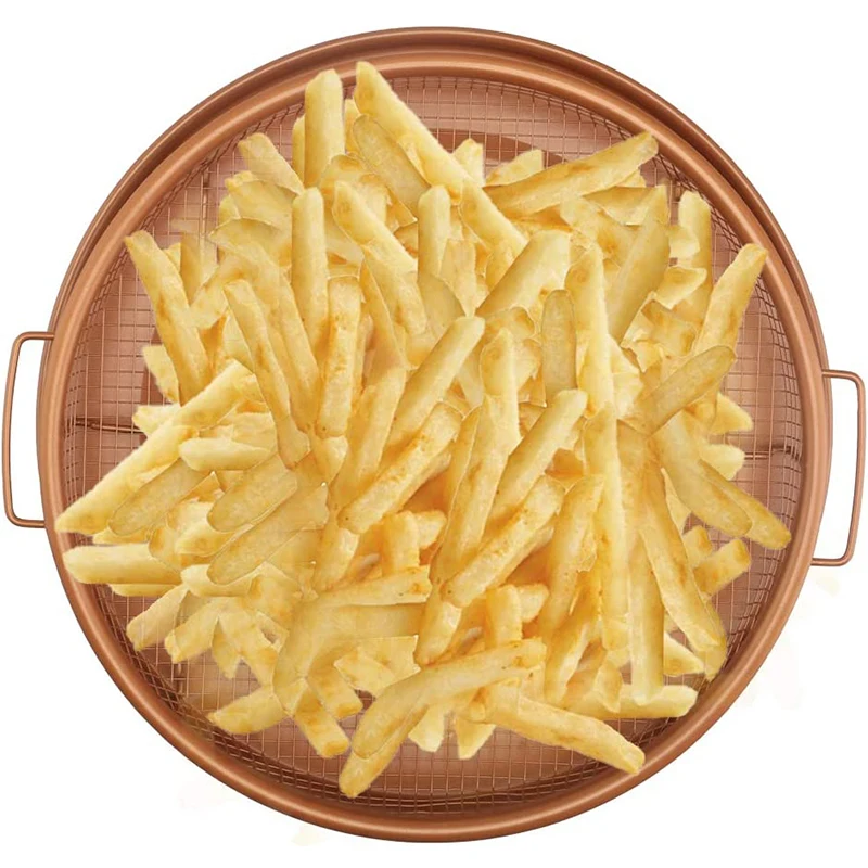 2 Pcs Round Copper Crisper Tray Basket, Air Fryer Crisping Basket, Chip Fryer Basket And Cookie Baking Tray