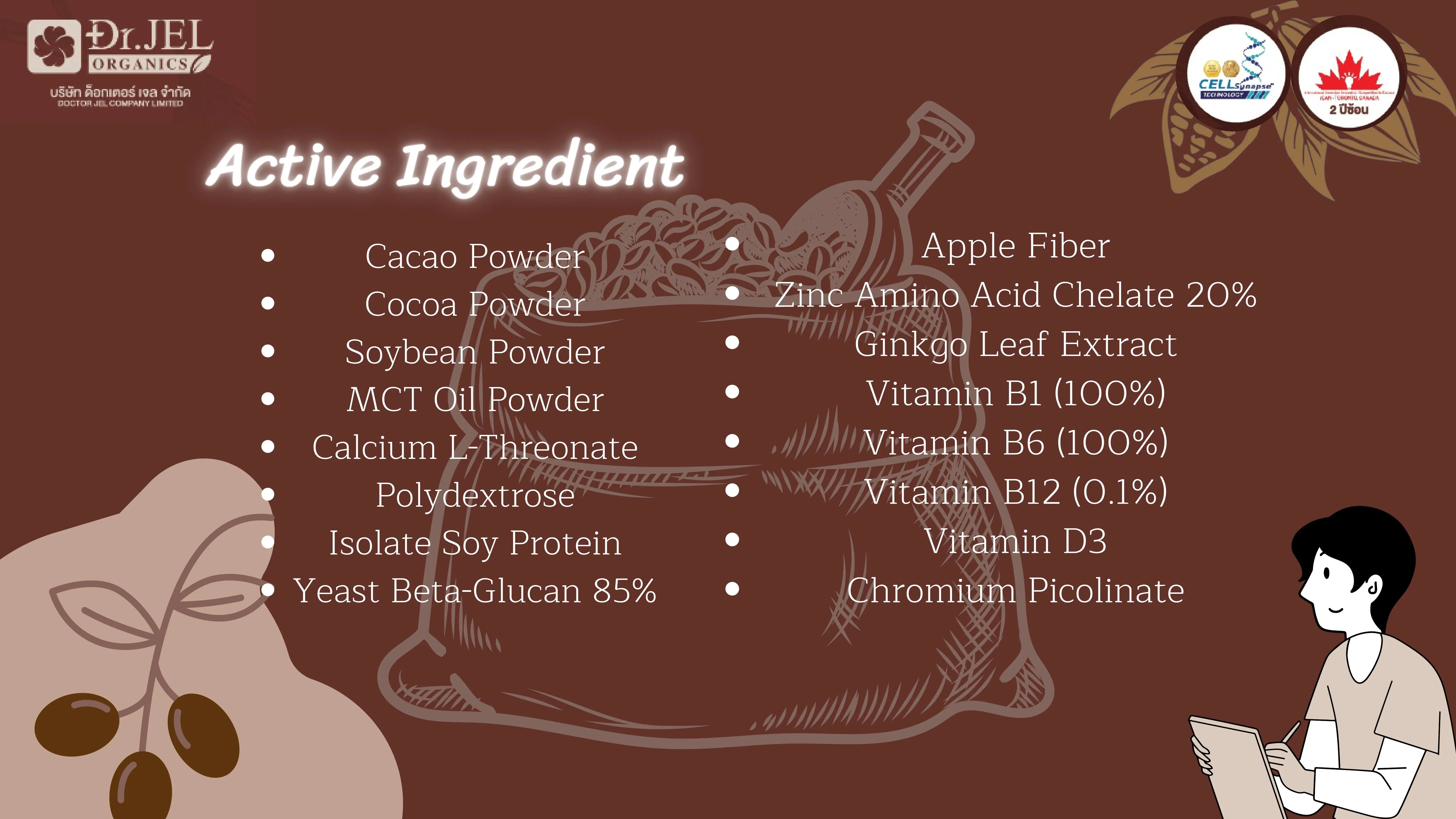 Cacao instant drink Cacao powder Cocoa beverages Control hunger Brain booster Reduce fat in blood vessels Thailand Product