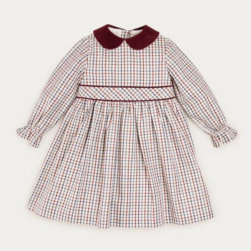 Custom Spanish Vintage Autumn Plaid Peter Pan Collar Children Boutique Long Sleeve Frocks Brands Clothes Kids Baby Girl Dresses