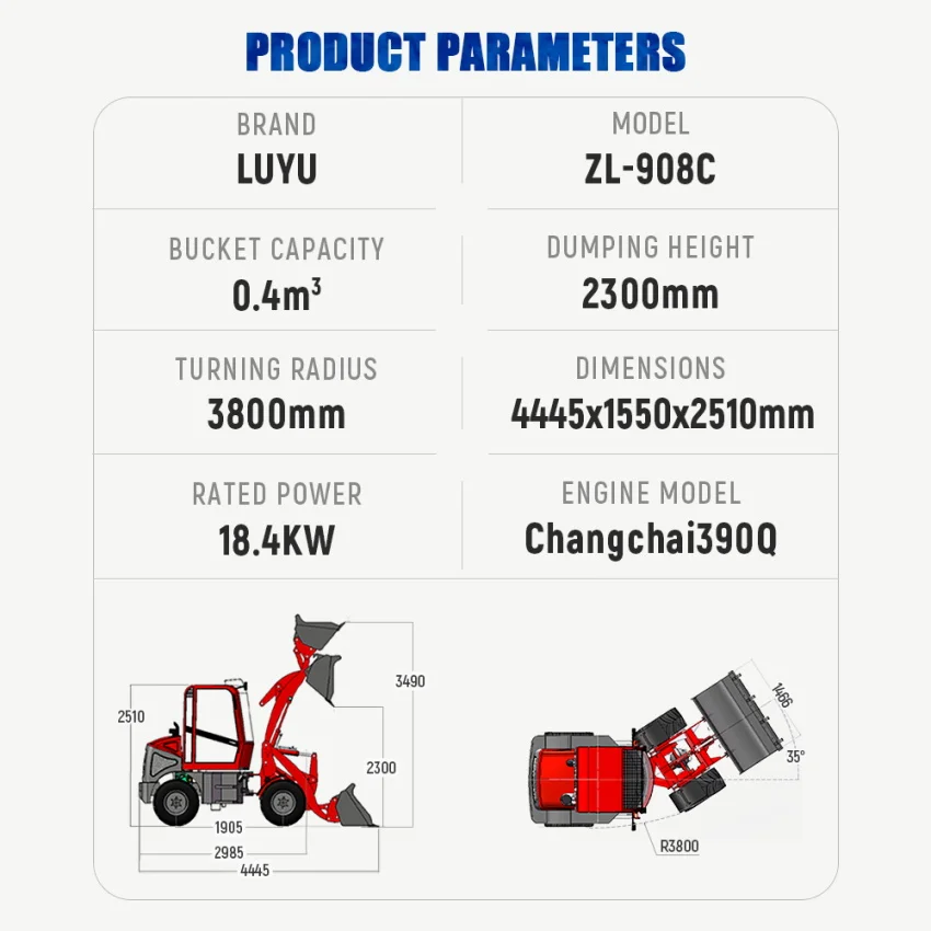 LUYU Official 908C 0.8 Ton Mini Articulated Wheel Loader with High Quality