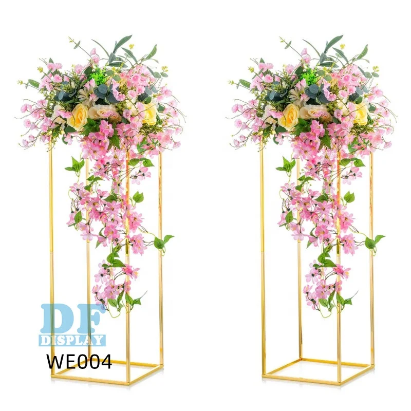 WE004 Wedding Centerpieces Gold Vases set of 2 Pcs Tall Flower Stand Metal Floor Vase Column Geometric Centerpiece Stands