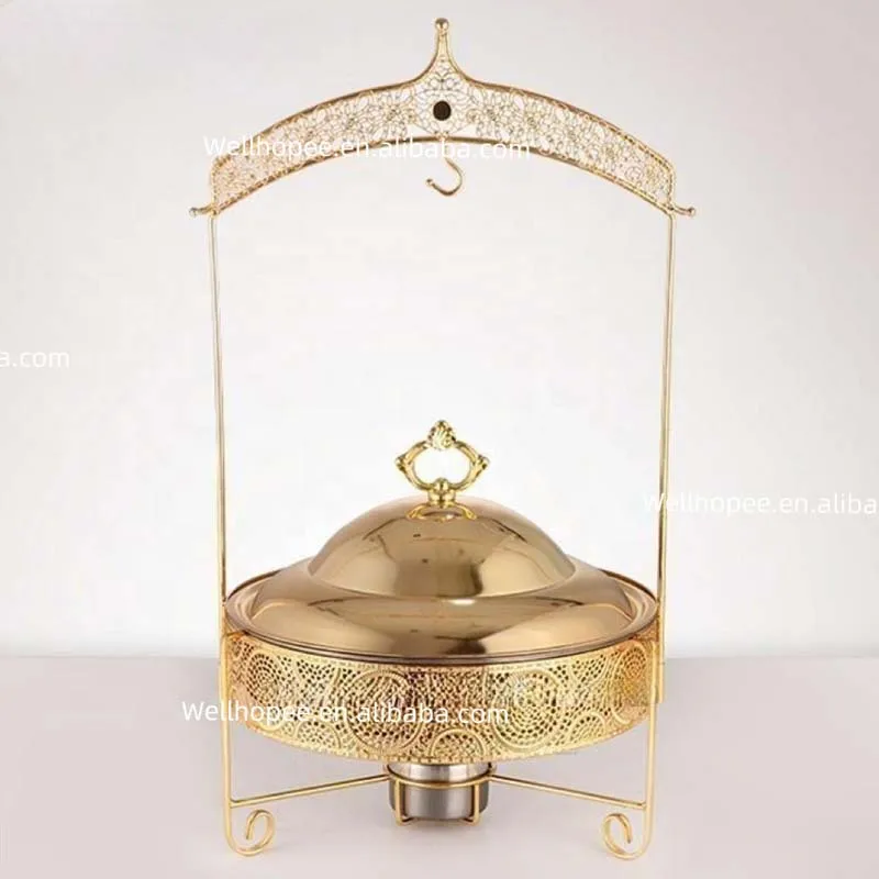 Middle east dinner set serving dish food warmer gold luxury alcohol gel liquid fuel round towel cover hanging chafing dish