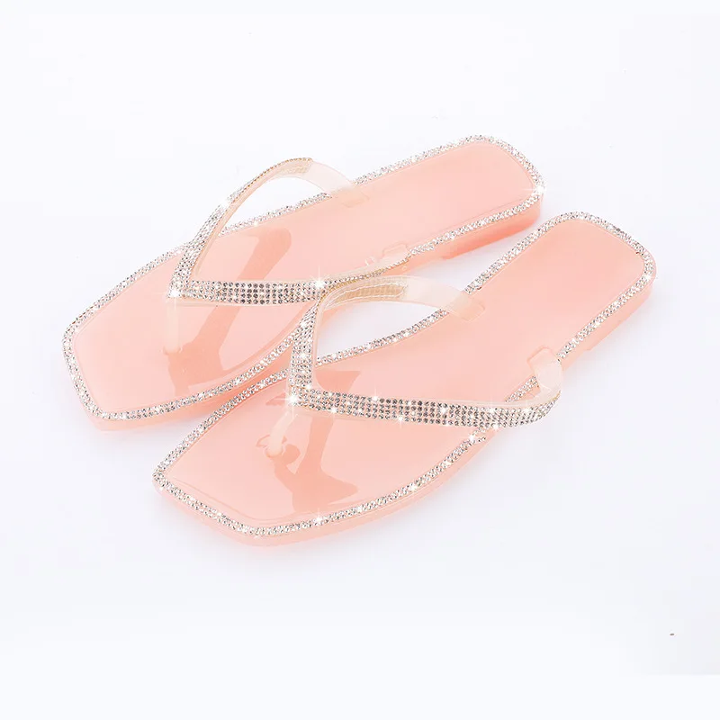 Шлепанцы женские с квадратным носком, сандалии-желе с кристаллами, плоская подошва, уличные тапочки, Цвет Алмаз