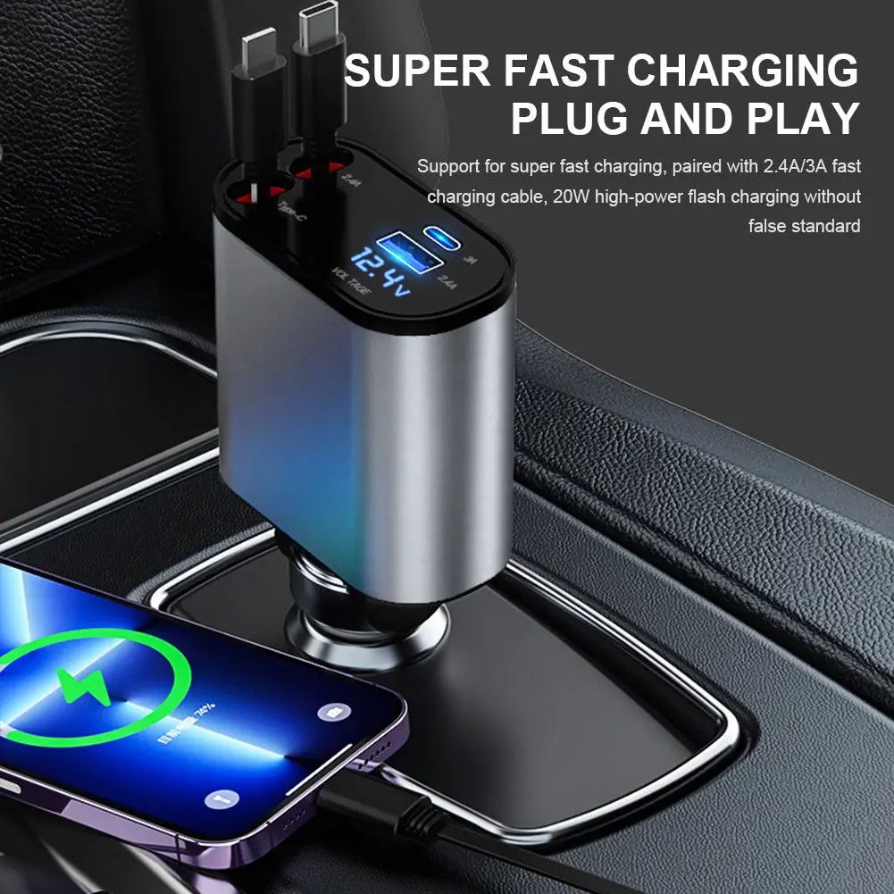PSDA 4 в 1 Автомобильное зарядное устройство USB/Type-C кабель выдвижной шнур быстрой зарядки прикуриватель адаптер для IPhone Xiaomi Huawei Samsung