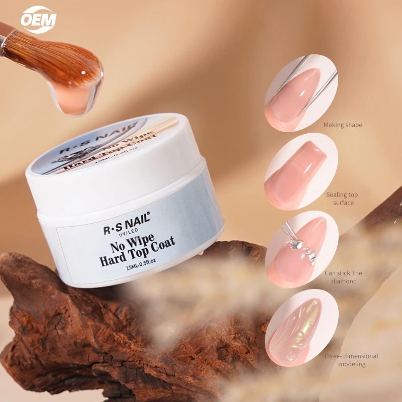 R S Nail Custom Logo 15ml  No Wipe Hard Top Coat Jar High Quality Long Lasting  Varnish Nail Uv Gel Top Coat Adhesive Nail Glue