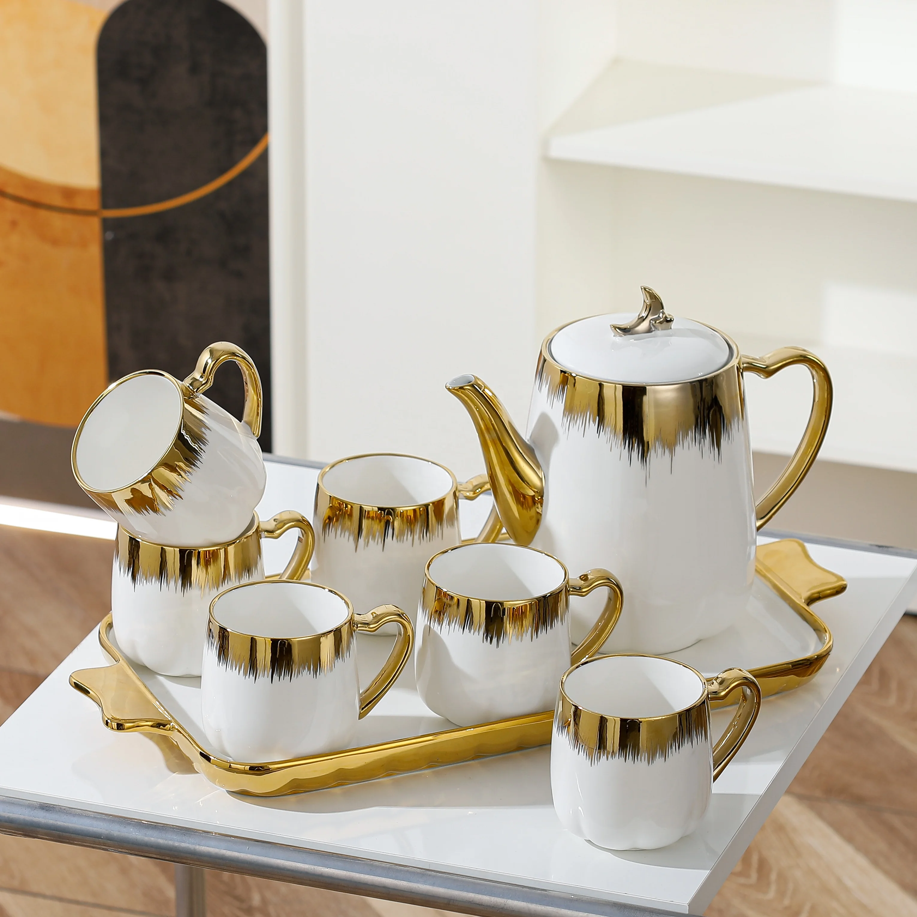 For 6 Person Use Creative Electroplate Art Decor Wholesale Ceramic Tea Cup Set with Gift Box 6 Cups 1 Teapot and Serving Tray