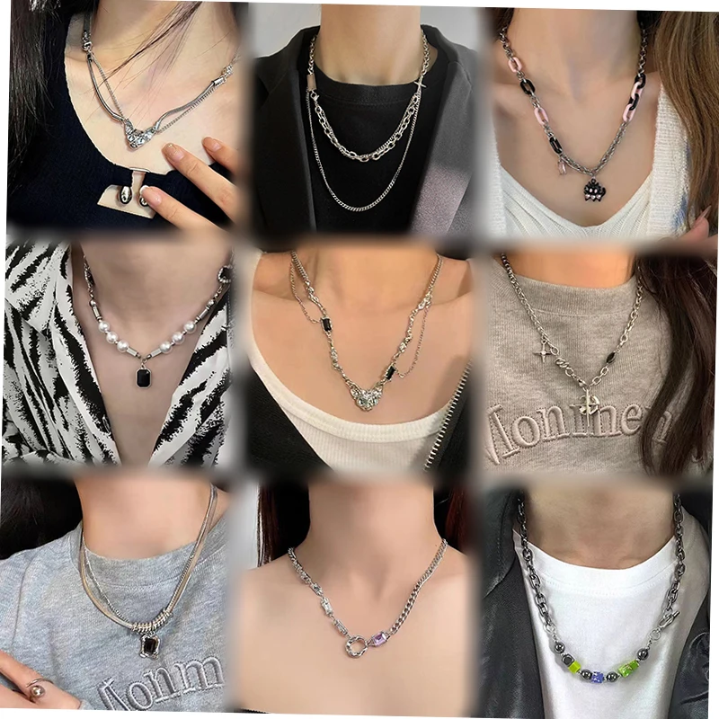 Hip Hop Geometry Star Multi layered Silver Necklace Stainless Steel Flower Beaded Necklace Punk Y2K Jewelry Accessories Party