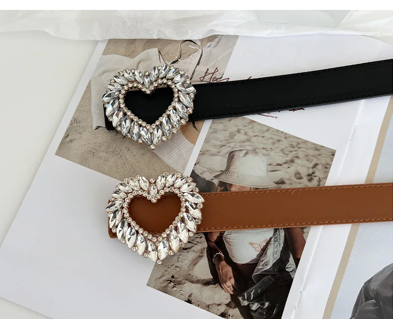 Rhinestone  Belt Bling Heart  Buckle Leather  Belt for Women Ladies Belts for Jeans Pants