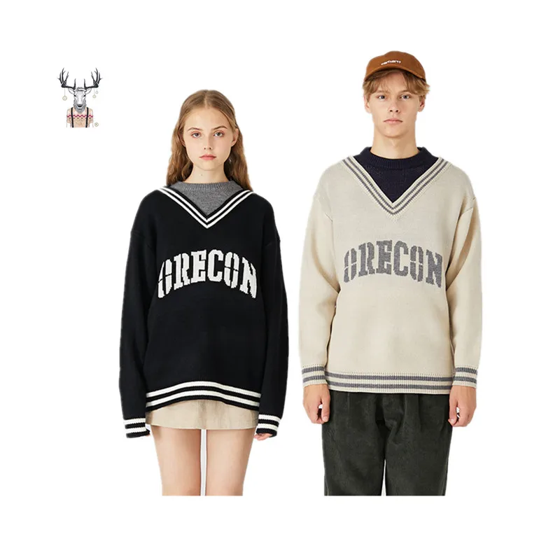 Жаккардовая трикотажная одежда Crewneck, корейская мода, пуловер из двух частей с V-образным вырезом, кашемировый мужской свитер на заказ