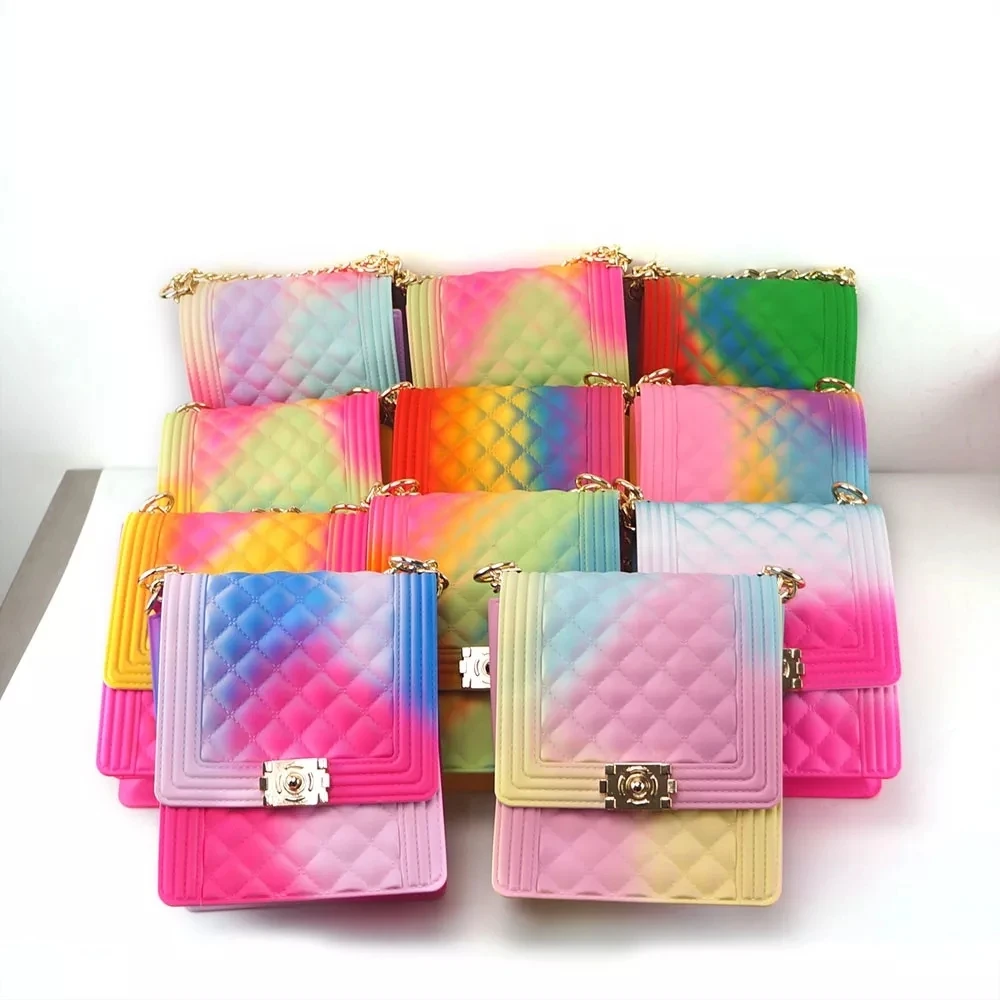 
2021 Hot sale Multi color colorful crossbody chain cute designer bag handbags jelly bags black kids little girl jelly purses 