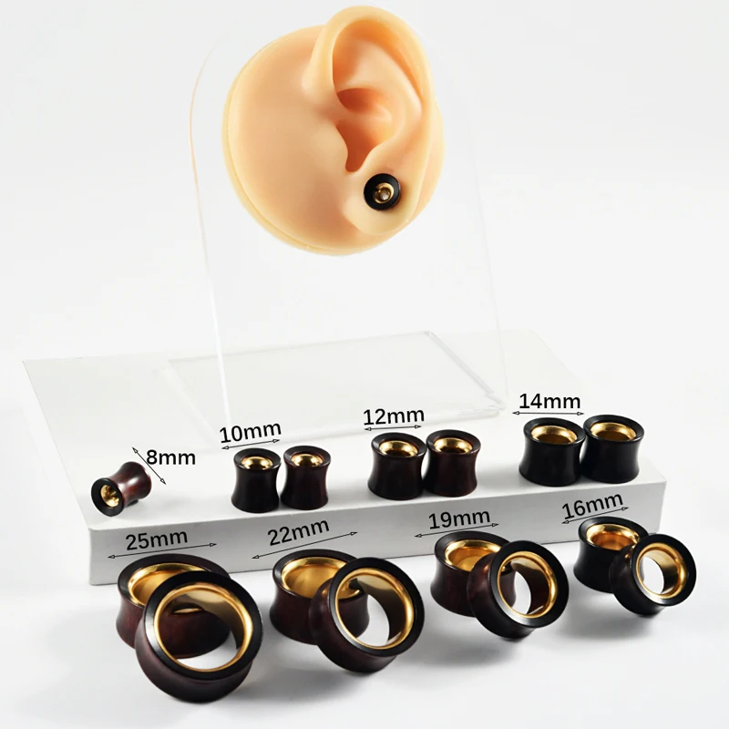 Wholesale Hollow Gold Stainless Steel Sandalwood Two Tone Ear Tunnel Plug Double Flared Expander Gauges Piercing Body Jewelry