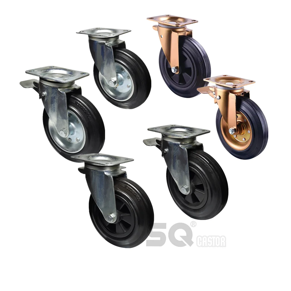 Factory Direct 150 200 mm Black Hard Solid Rubber swivel caster wheel with Steel disc core Trash bin Caster for wire mesh trolle