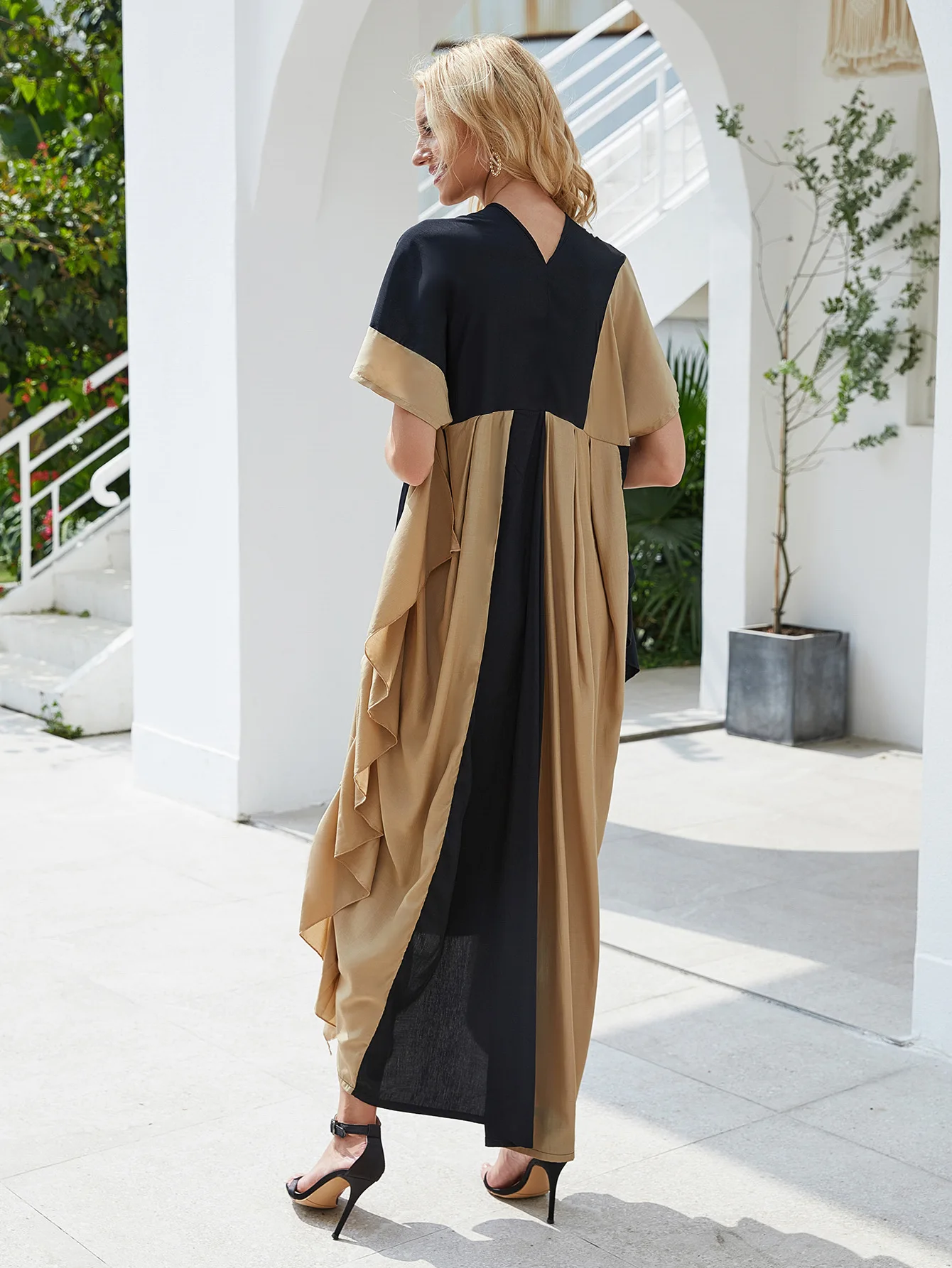 Trendy Contrast V Neck Dress For Muslim Girl Casual One Size Ruffle Sleeve Splice Color Long Dress Abaya Arab Ethnic Clothing