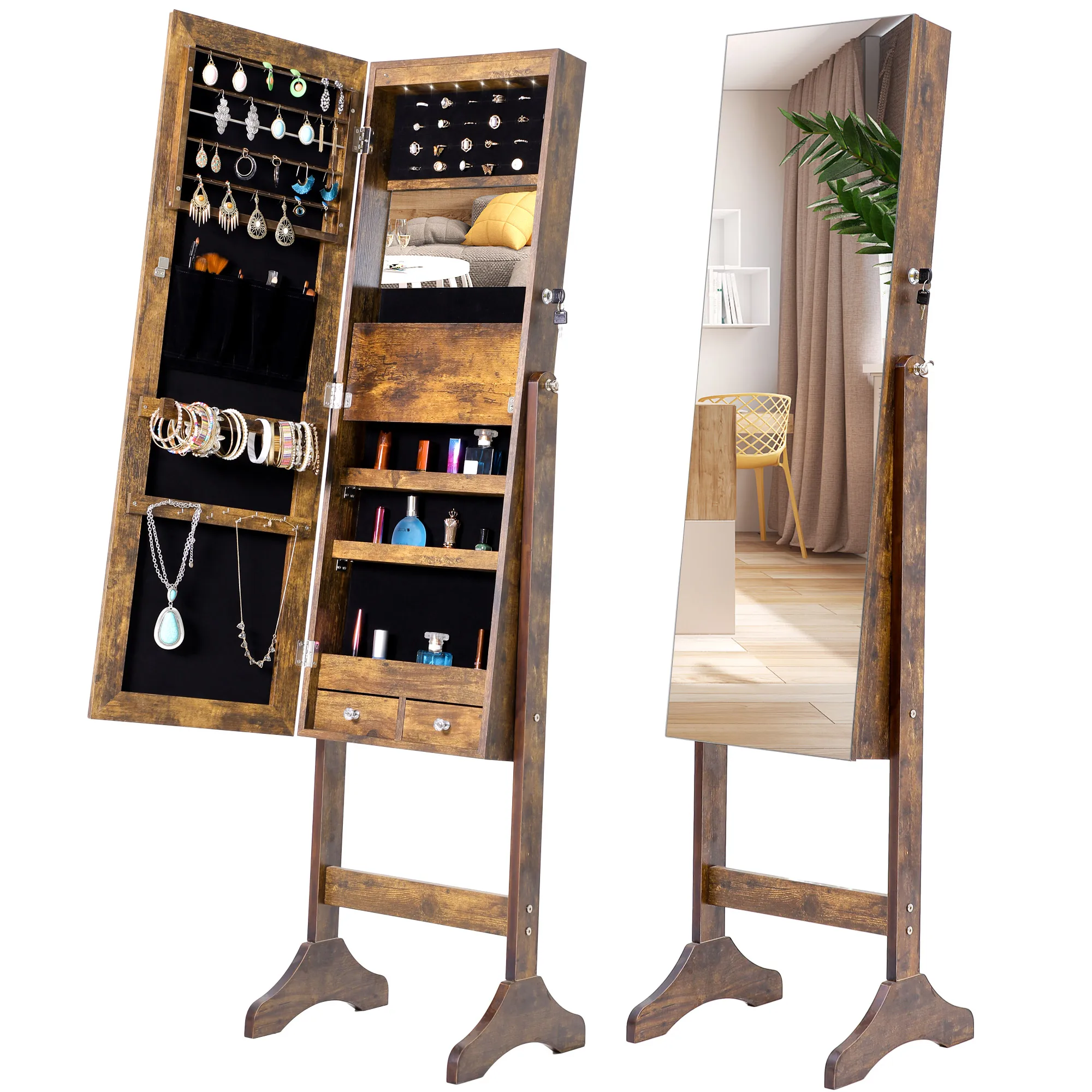 Docarelife Fashion Simple Jewelry Storage Mirror Cabinet with LED Lights for Living Room or Bedroom