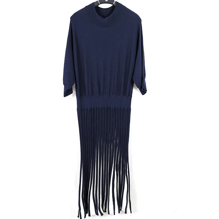 
New Design Short Sleeve Knitted Sweater Knit Wear Dresses Women with Contrast Color Lower Half 