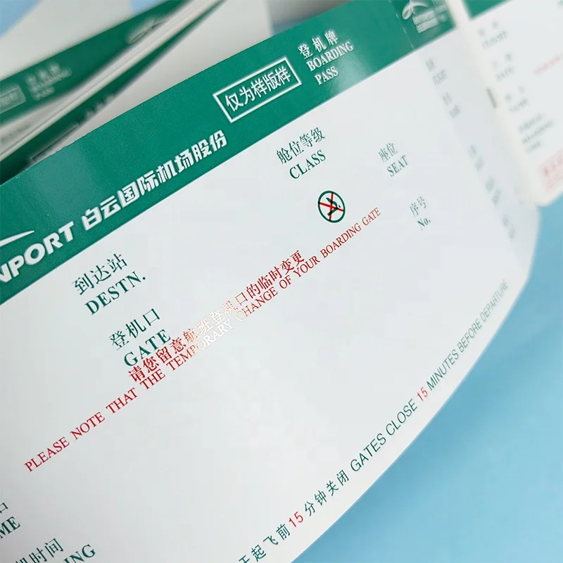Wholesale Custom thermal paper Airline air flight tickets Boarding Pass Printing Airplane Ticket High quality Card Printing