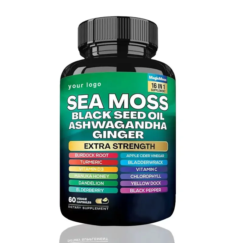 Your Logo Sea Moss Capsules Black seed oil Ashwagandha Turmeric Burdock root Bladderwrack Pure And Natural Vegetarian Capsules