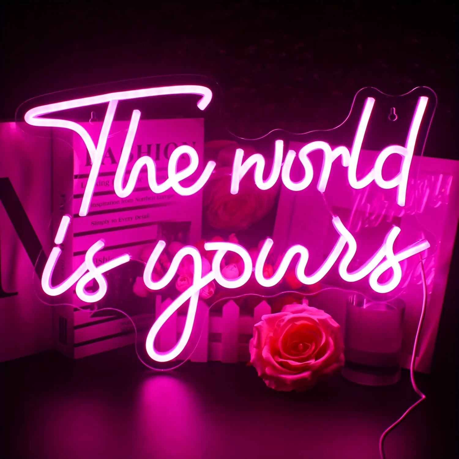 1 pc The World Is Yours Neon Signs, Pink Led Neon Light for Wall Decor, Wedding, Engagement,USB Powered  Neon Signs for Bedroom