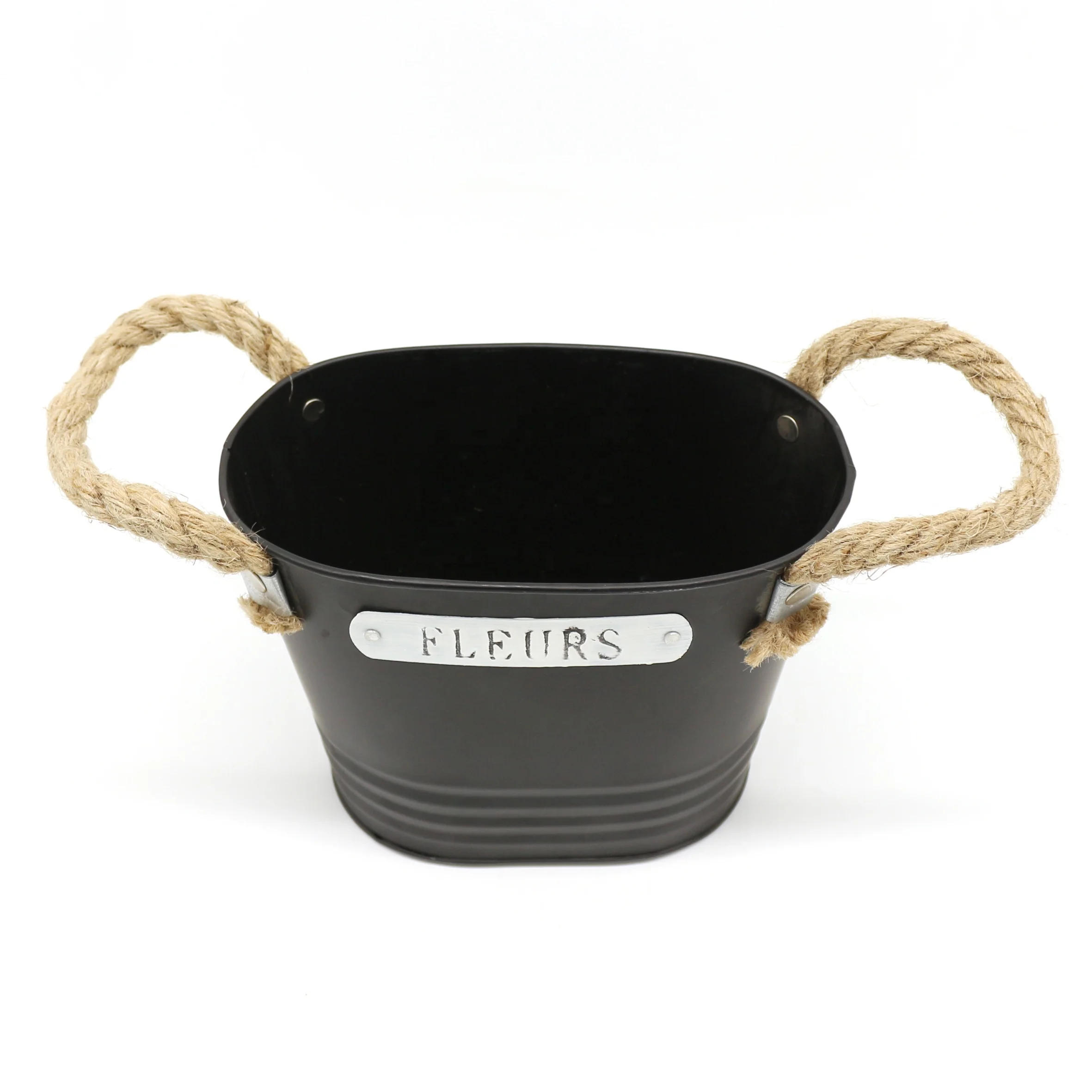 Primitive Matt Black Metal Tin Planter with Hemp Rope handle, Rustic Oval Metal Flower Pot Garden Bucket for Indoor or Outdoor