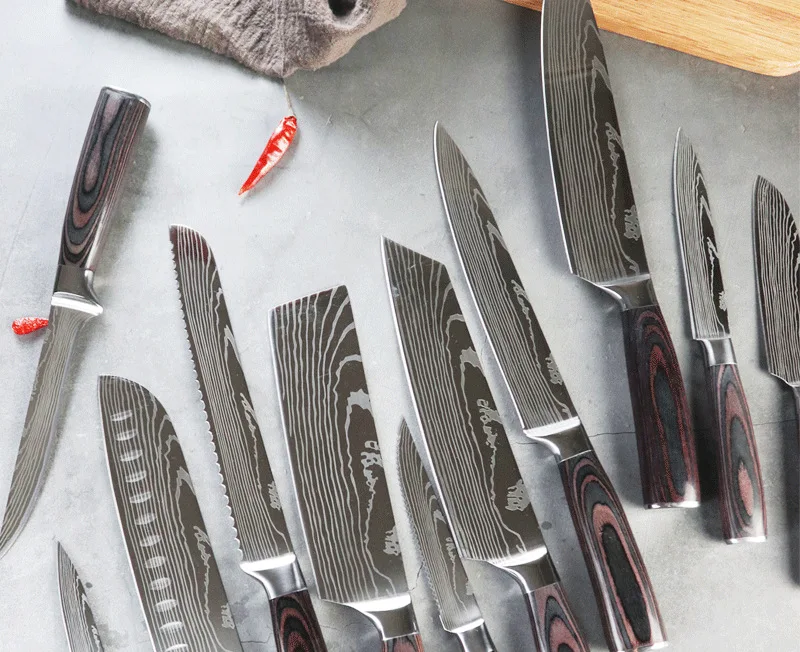 Chef knife 10 Pcs Set Kitchen Knives Laser Damascus Pattern Sharp Japanese Santoku Cleaver Slicing Utility Knife