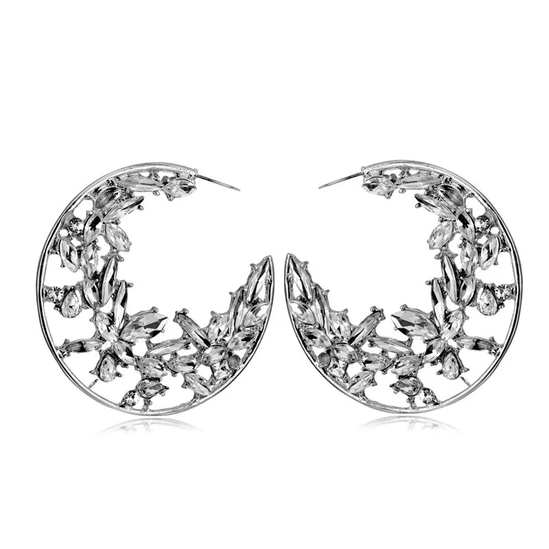 HOVANCI Summer New Micro Paved Diamond Crystal Big C Shape Hoop Earrings Simple Open Hollow Out Crystal Floral Circle Earrings