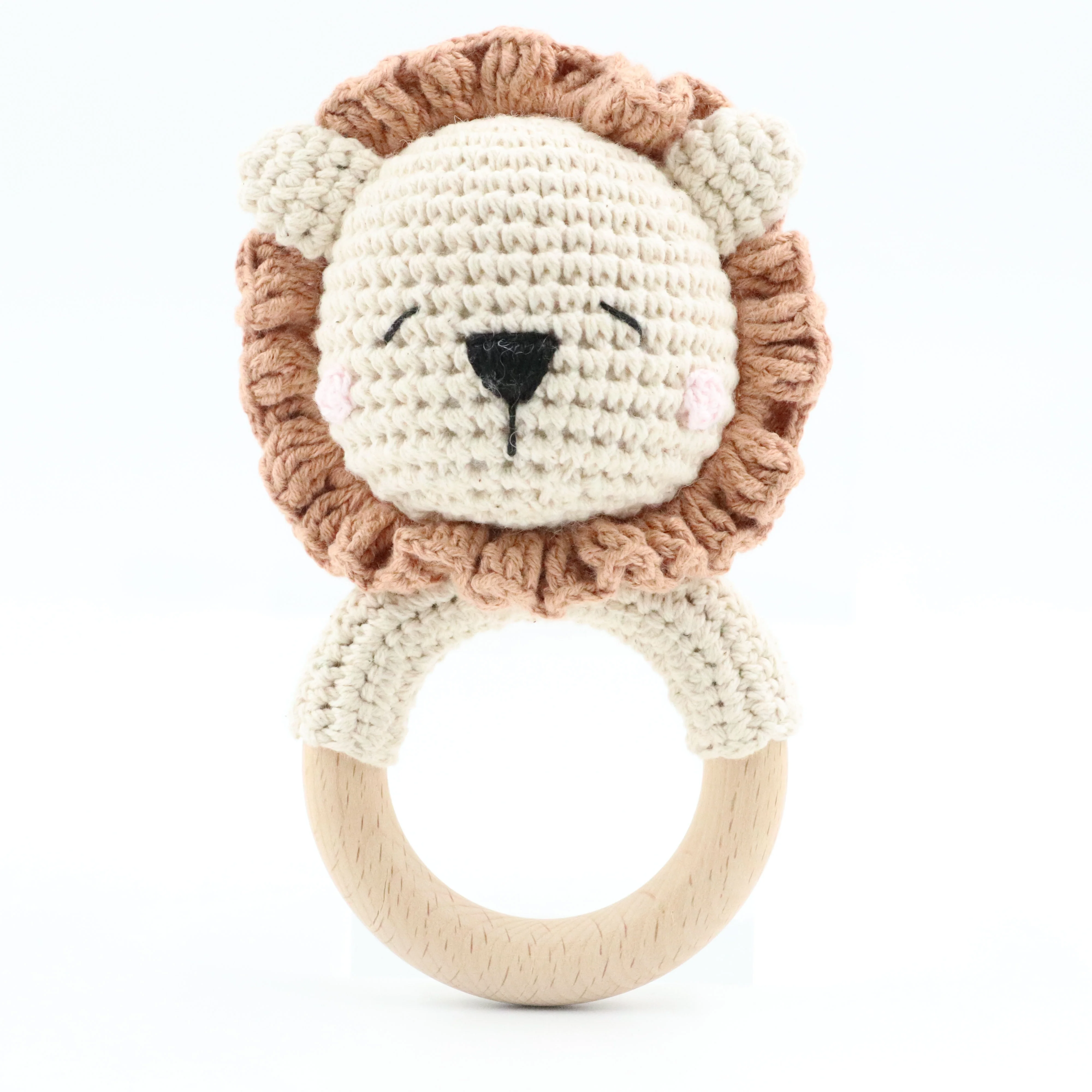 Handmade Wooden Ring Teether Toy Baby Crochet Lion Fox Deer Koala Rattle