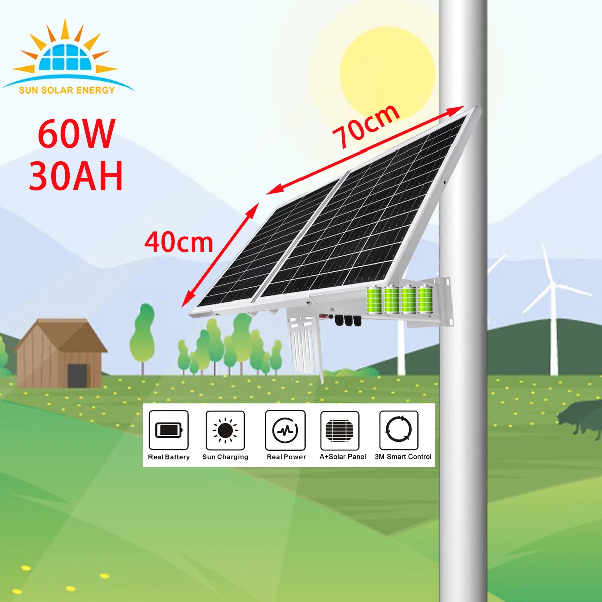 Long working Rechargeable solar panels 60W off grid DC12V 30AH 333WH outdoor complete solar energy system for water sensor