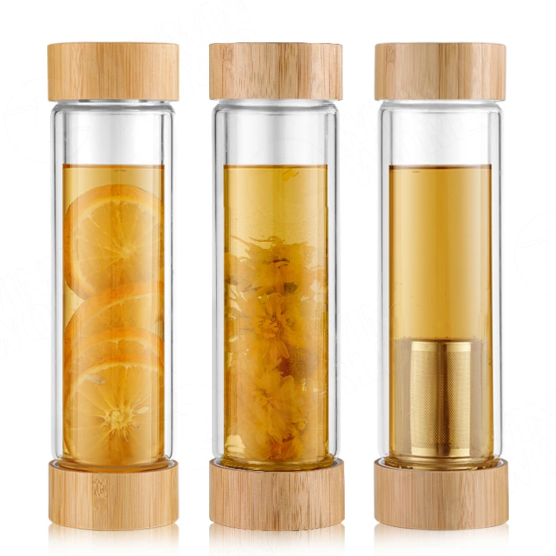 High Quality Borosilicate Glass Water Bottle With Custom Logo Flat Cute Glass Water Bottle Bamboo Lid