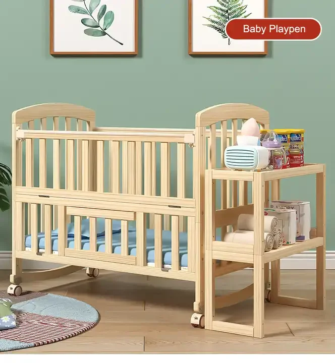 2024 Hot Sale Multifunctional Wooden Baby Cradle Bed Nursery Bedroom Furniture Convertible Newborn Babies Rattan Crib