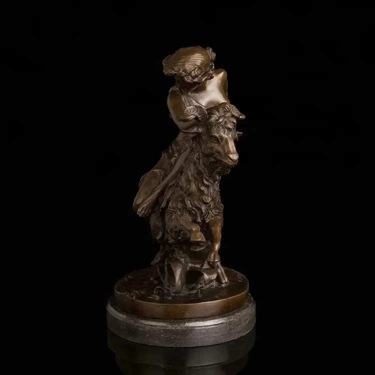 European Art Bronze Shepherdess with Goat Statue Sculpture Vintage Bronze Handmade Animal Figurines For Home Decor
