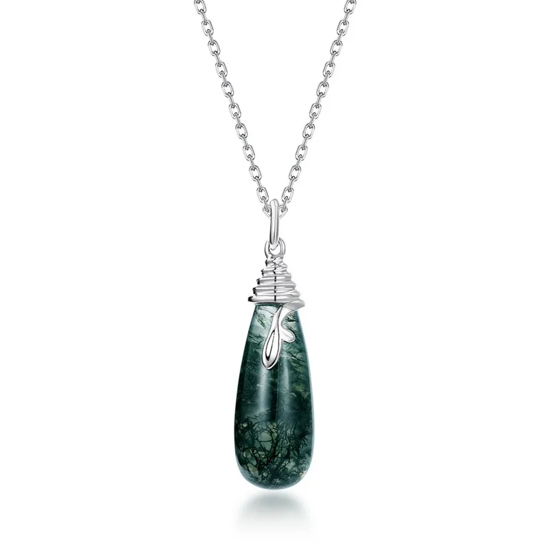 925 sterling silver green moss agate stone size 8.5*23 jewelry water drop pendant jewelry necklace