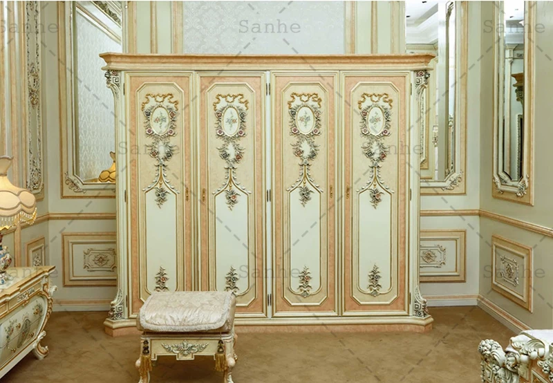 Latest Palace Rococo Style Antique Gold Foil Royal King Size Bed For Master Bedroom Furniture Set