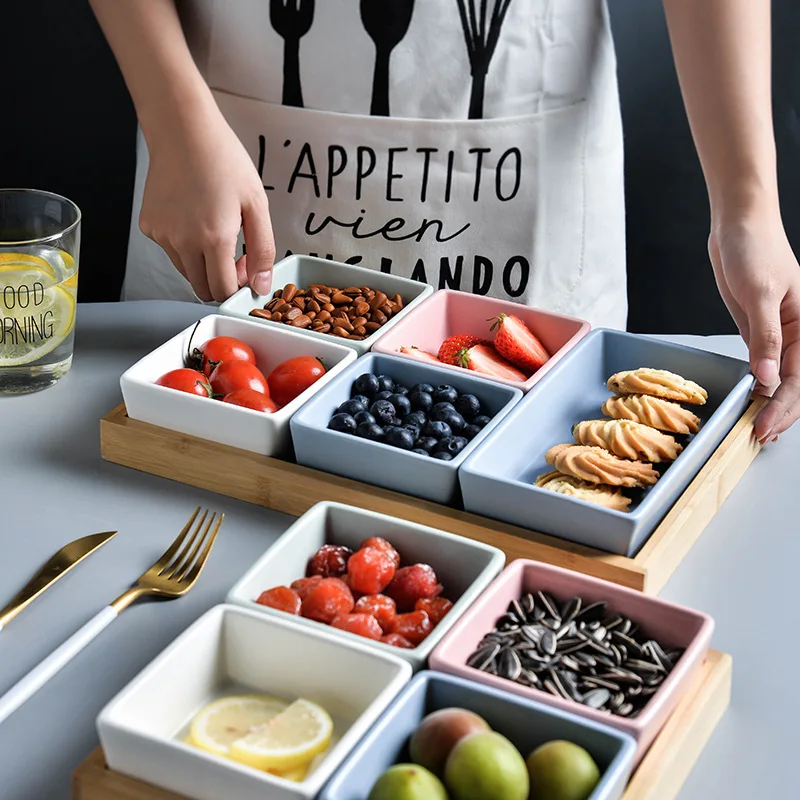 Japandi Light Luxury 2pcs Ceramic Fruit Nut Snack Plates Creative Serving Table Decoration Dessert Tray Set With Bamboo Holder