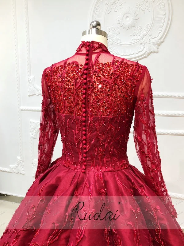 Ruolai OEV-L4013 Luxury Muslim Arabic Long Sleeves Beaded Crystal Engagement Dress Ball Gowns wedding dresses turkey istanbul