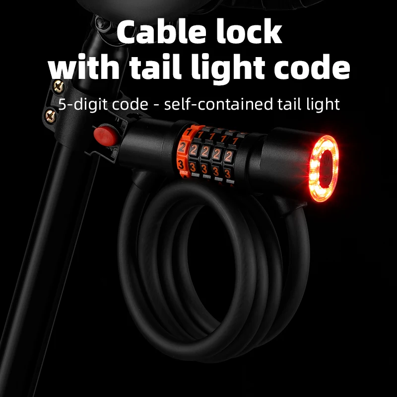 1.2M Anti-theft Bike Cable Lock 5 Digit Combination Password Bicycle Lock With LED Tail Light