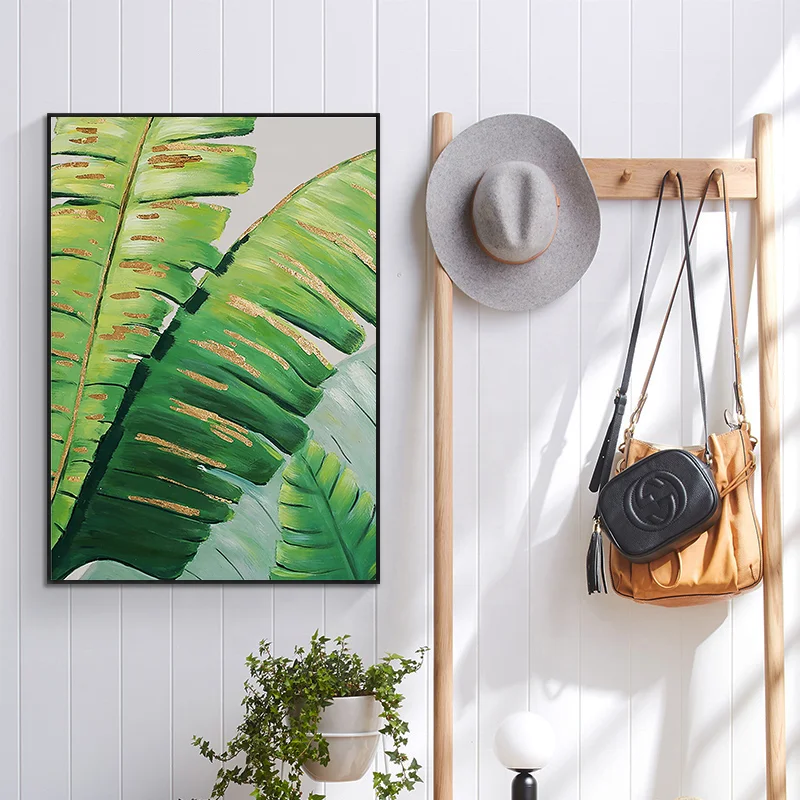 Large Size 100% Hand Painted Canvas Wall Painting Gold Foil Banana Leaf Abstract Scenery Acrylic Brushes Oil