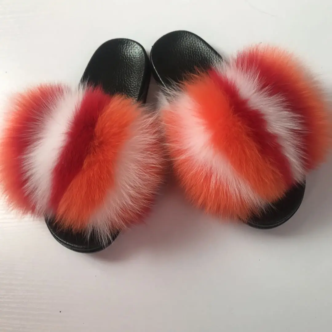 Customize fur slipper fluffy fox fur slides slippers for women cheap luxury fox fur slippers