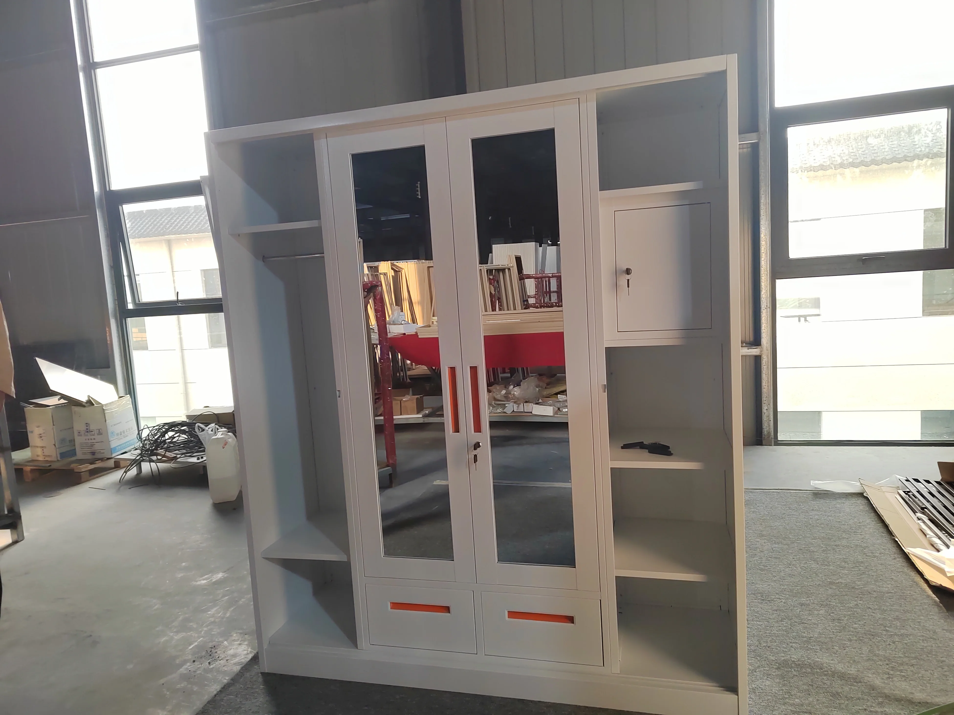 Home Cupboard For Clothes Metal Wardrobe Bedroom Steel Printed Wardrobe 3 Door Clothing Storage Cabinet with mirror and drawer