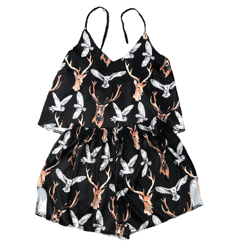 2022 Women Pajama Two Piece Set Animal Printing V Neck Top And Shorts Silk Sleepwear Sexy Satin Night Two Piece Sleepwear