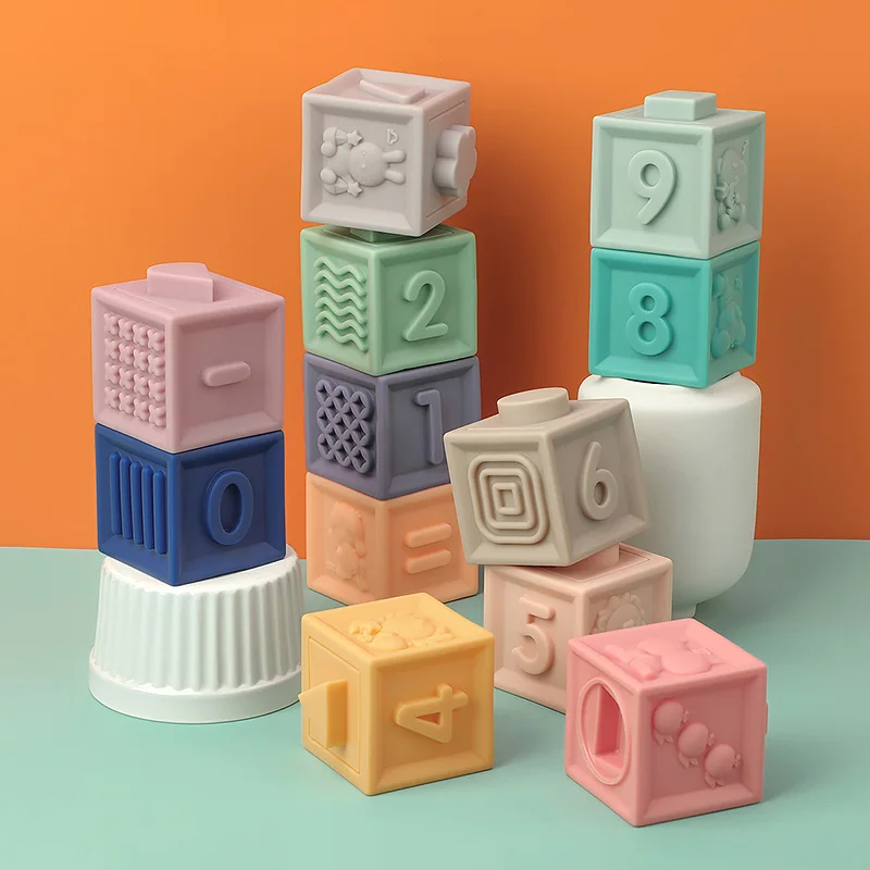 Hot PVC Soft Rubber Squeeze Cube Teether Toy Baby Teething Bite Play Stacking 3d Embossed Number Building Blocks