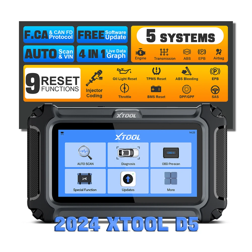 XTOOL D5 Car Diagnostic Tool OBD2 Scanner PCM/TCM/ABS/SRS/EPB 5 Systems OBD2 Code Reader 9 Reset CAN FD FCA Engine Test Scanner
