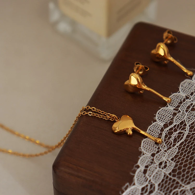 Stainless Steel Irregular Love Heart Necklace Set 18K Gold Plated Waterdrop Key Necklaces Women French Cute Minimalist Jewelry