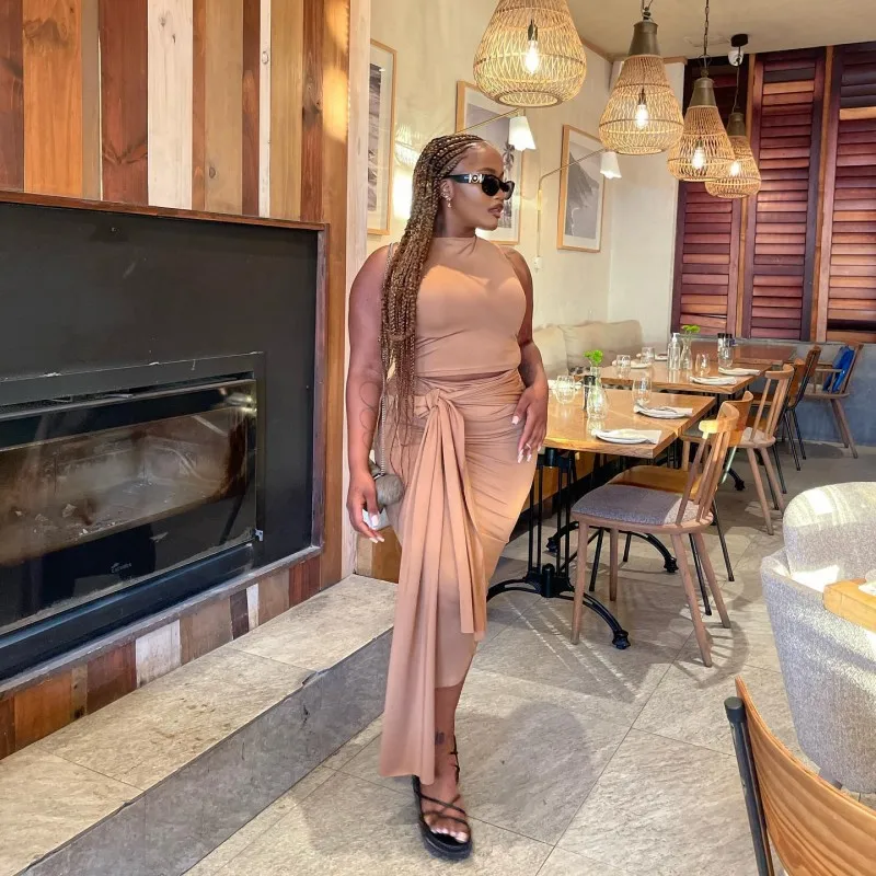 Liu Ming Cheap Fashion 2024 Elegant Summer Women Sexy Sleeveless Vests Tops High Waist Skirt Two Pieces Suits