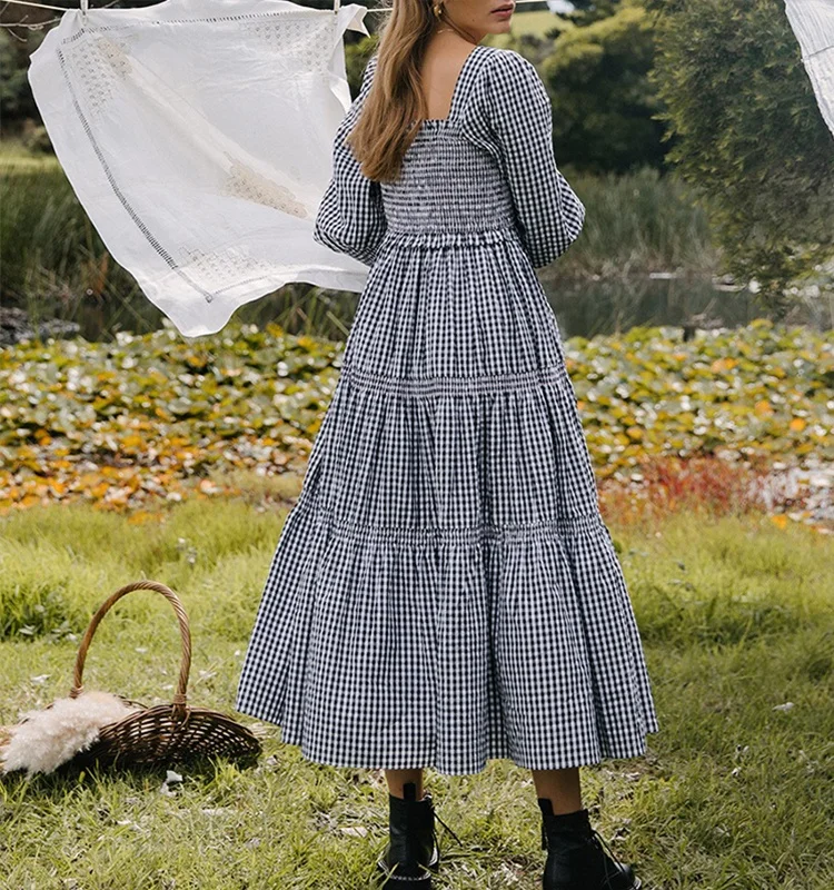 Holiday Casual Oversized Woman Summer Smock Dress Gingham Linen Cotton Midi