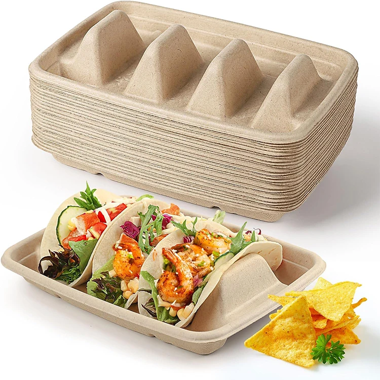 Biodegradable Sugarcane Taco Box Eco-friendly Kraft Taco Holder Tray for Party Picnic Snack Hot Dog Taco Tray Plates