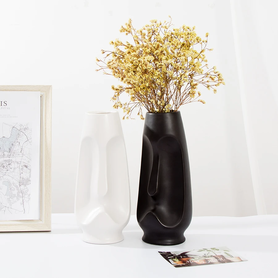 nordic modern humanface design plant pot minimalist decor slender black white ceramic flower