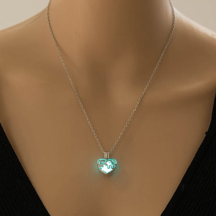 Glow In The Dark 2 Elephant Mom Child Cats Pendant Necklace For Women Men Fluorescent Luminous Animal Jewelry Halloween Gift