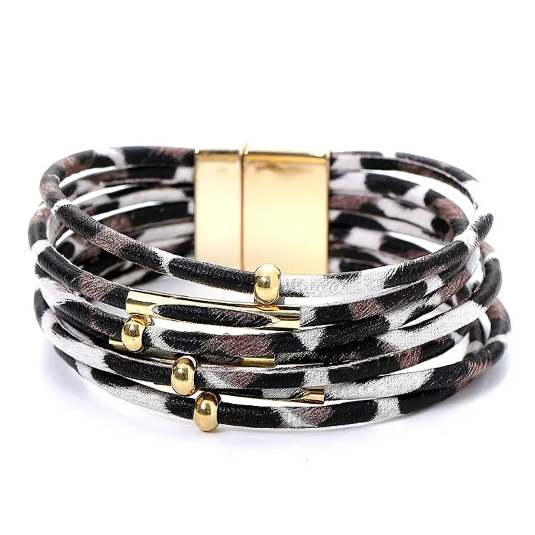 Leopard Bracelets for Women Metal Pipe Charm Multilayer Wide Leather Wrap Bracelet