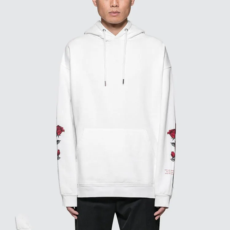 Custom Fashion Casual Mens Heavy Hoodie High Quality 100% Cotton Rose Flower Embroidery Plain White Hoodies